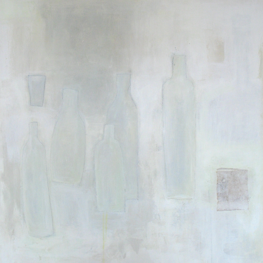 Bottles with Yellow Drip (2013) acrylic and graphite on wood 24&quot; x 24&quot;